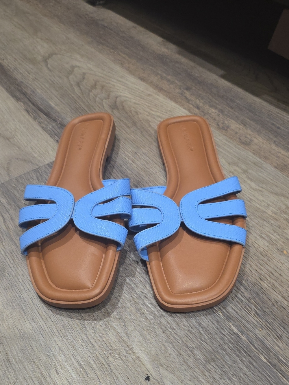 Primark Light Blue Strappy Slide Sandals with Tan Footbed